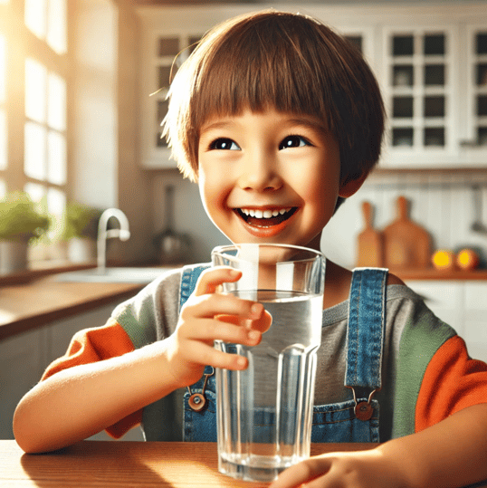 kind trinkt wasser aus einem glas in der küche