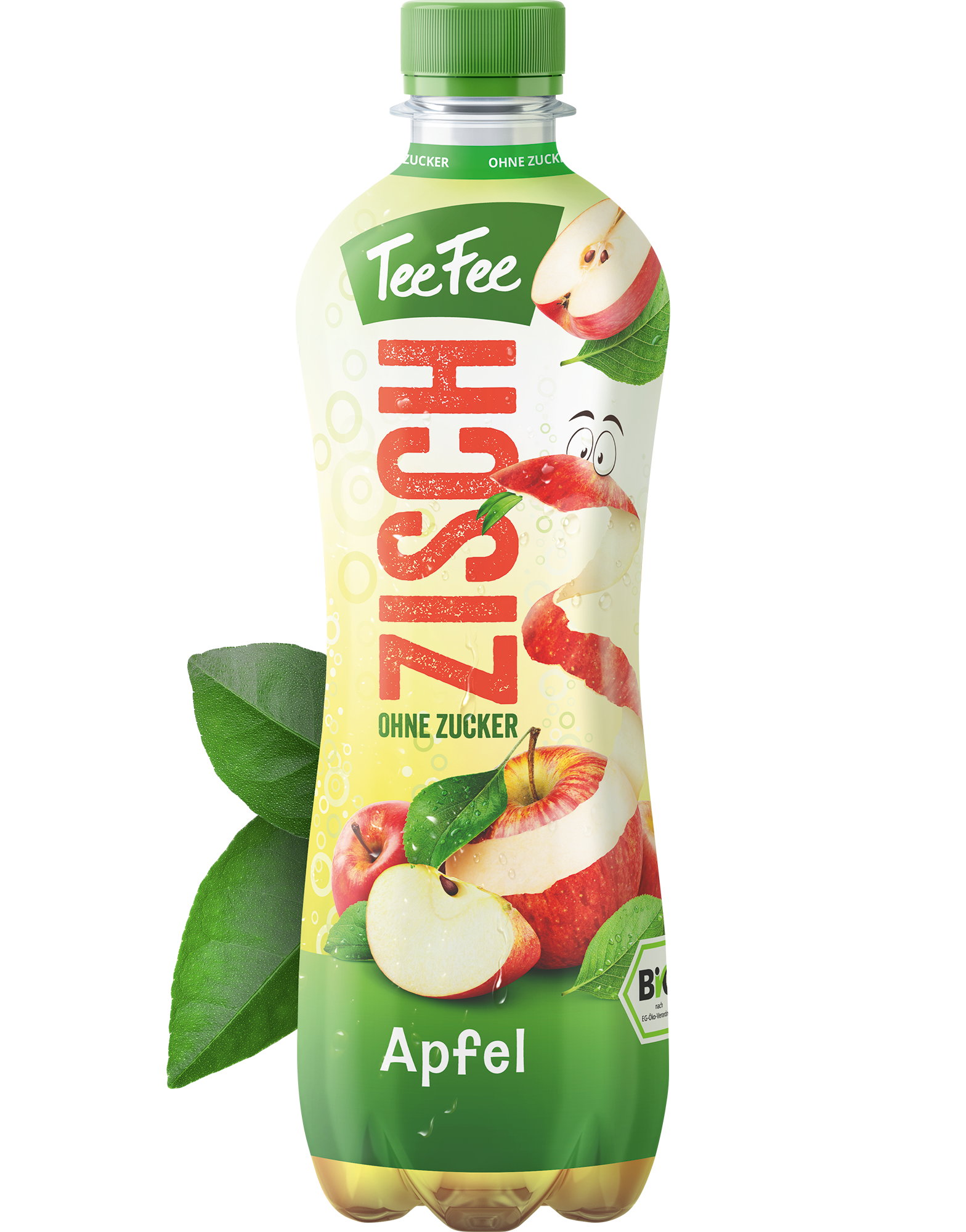 TeeFee-ZISCH-Kampagne-KeyVisual-Flasche-Apfel-Blaetter-RGB