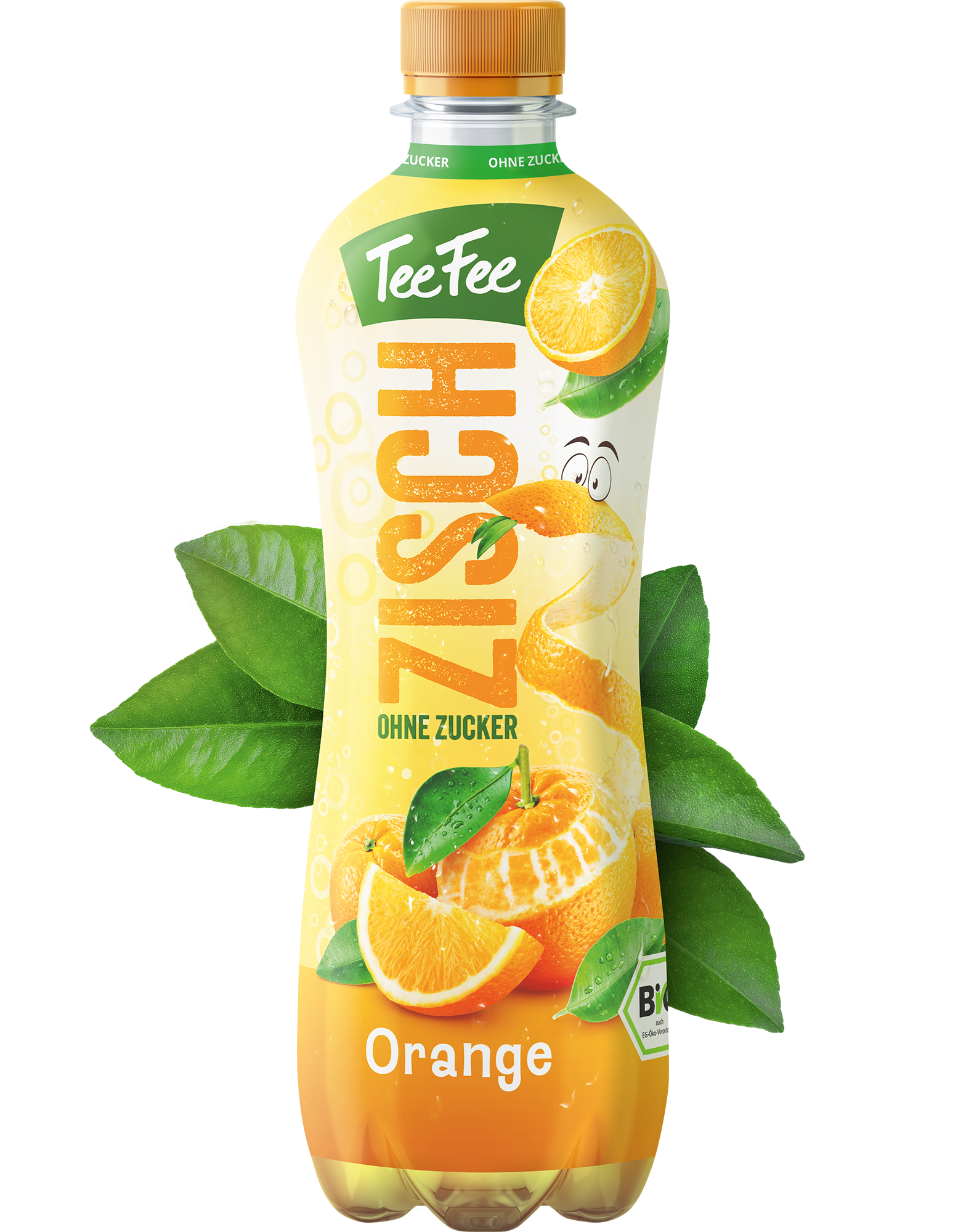 TeeFee-ZISCH-Kampagne-KeyVisual-Flasche-Orange-Blaetter-RGB